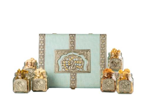 Image of Browntree Dry Fruits Rakhi Gift Hamper Bluemina 6P- 650g | Rakhi Hamper for Brother| 6 Piece luxury Gift Hamper - Almonds, Cashews, Raisins, Salted Pista, Apricots & Walnuts | Festive & Corporate Gifting Box | Ideal Gift Box for all celebration