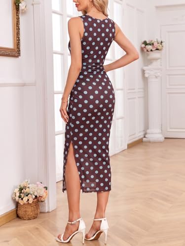 Image of oten Women's Floral Bodycon Midi Dress Ruched Mesh Sleeveless Summer Wedding Guest Cocktail Party Dress with Slit