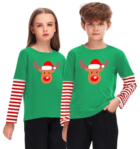 Image of Remimi Unisex Kids Christmas Long Sleeve Shirt Xmas Print Stripe Shirts 2-12 Years