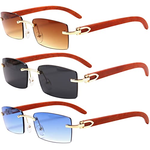 Dollger 3 Packs Rimless Rectangle Sunglasses for Men Women Hip-hop Plastic Imitation Woodgrain Legs Small Square Sunglasses Colorful Fashion Frameless 70s 90s Shades UV400