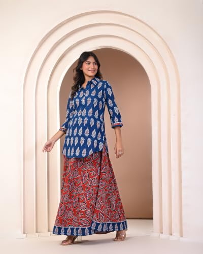 Image of KANNAHI Women Pure Cotton Blue and Rust Ethnic Motif Ajrakh Handblock Printed Kurta Set