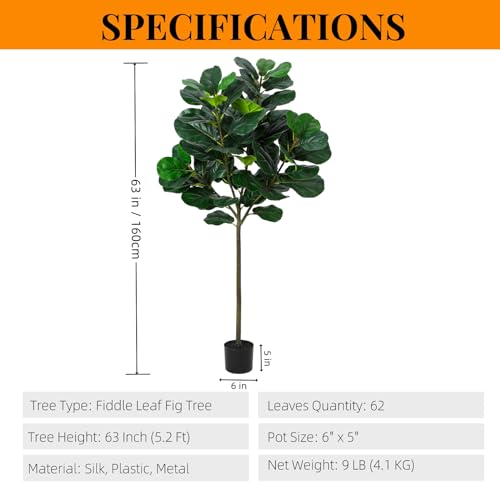GarveeHome Artificial Fiddle Leaf Fig Tree, 63 Inch Faux Ficus Lyrata Plant with 62 Fiddle Leaves, Fake Floor Plant in Pot for Indoor Outdoor Living Room House Office Garden Decor