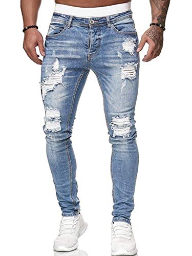 Pizoff Herren Superenge Skinny-Jeans mit Rissen an den Knien, 001130141xhell Blau, M Cover