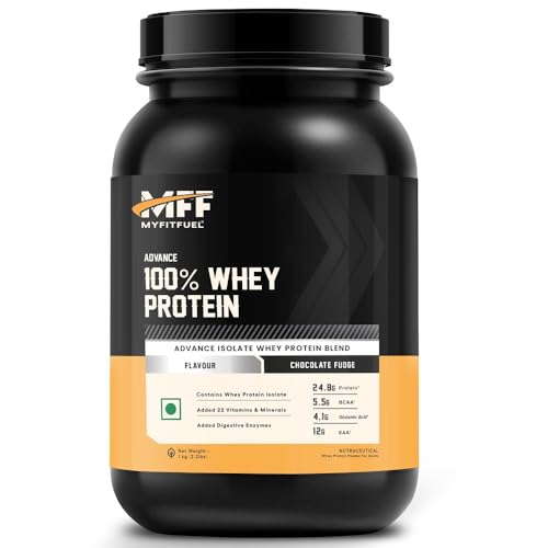 Image of MyFitFuel Advance MFF 100% Whey Protein Powder, Whey With Digestive Enzymes and Multi Vitamins | 1 Kg, 28 Servings (Chocolate Fudge)