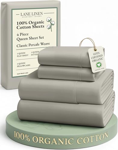 Image of LANE LINEN 100% Organic Cotton Mercerized Queen Sheets, Soft & Comfy Naturally Cooling Cotton Sheets Queen Size Set, Classic Percale Weave Low Pill Fade Resistant Queen Bed Sheets- Silver