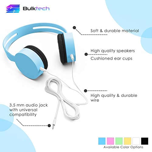 Bulktech 728 Stereo Headset For Kids, Children And Teens - Tangle-Free Wired Cord On-Ear Headphones With 3.5Mm Jack For Smartphones, Tablets, School, Kindle, Airplane Travel - 1 Pack Blue #TOP2
