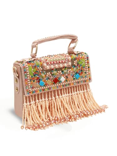Image of THE TAN CLAN Kiara Beige Flap Over Bag Clutches for women Purses Luxury Evening Handbags for ladies with Handle