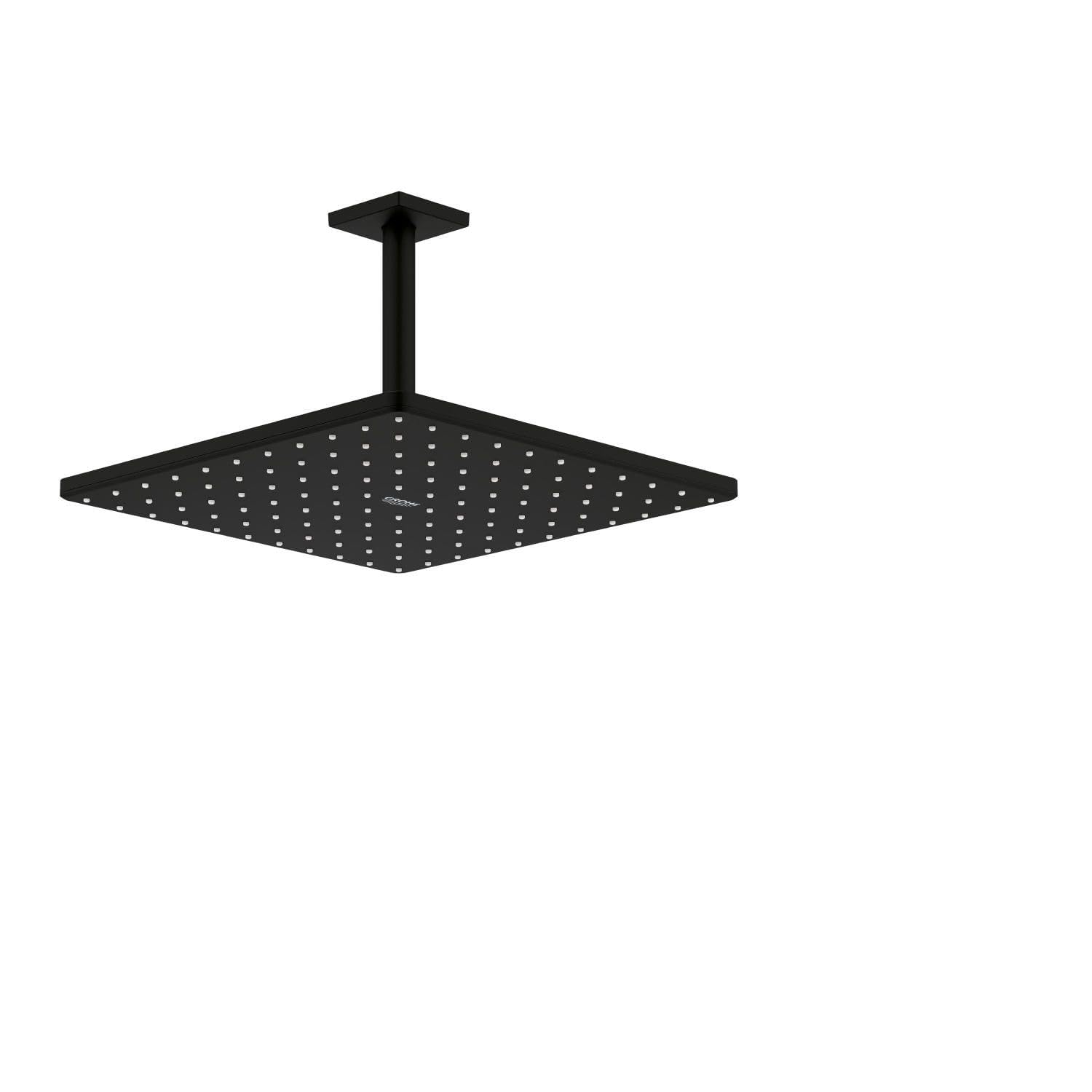 GROHE Rainshower 310 Mono Cube - Conjunto de ducha de techo (Cabezal 310mm, brazo 142mm, chorro PureRain, ahorro de agua), forma cuadrada, Phantom Black (negro mate), 26566KF0