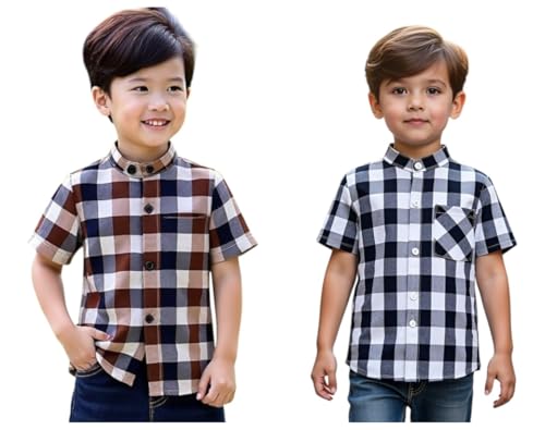 Image of Boys Short Sleeve Button Down Shirts, Plaid and Striped Pattern, Cotton Casual Tops, Pack of 2