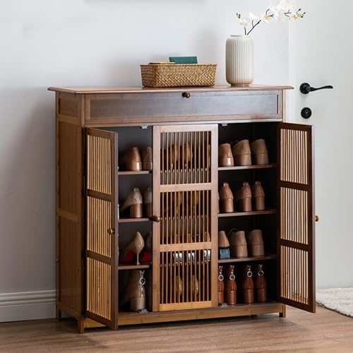 Armário de sapatos de bambu com gaveta e tampo amplo, armário de sapatos de 5 níveis com portas de persiana, organizador de sapatos para 20 a 25 pares