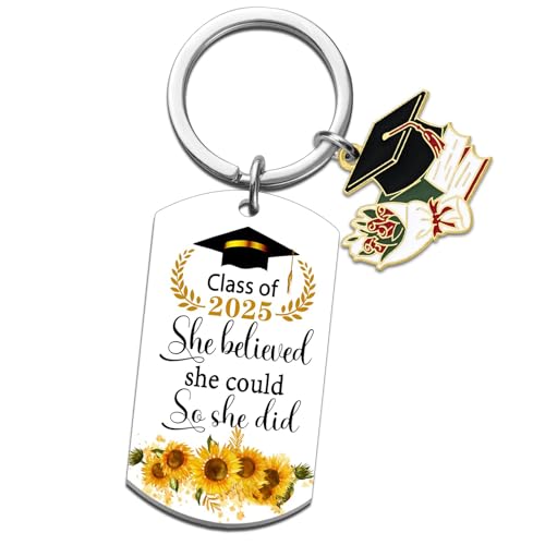 ALUNME 2025 Graduation Keychain, Inspirational Message Tag with Graduation Cap Charm, Stainless Steel (Sunflower)