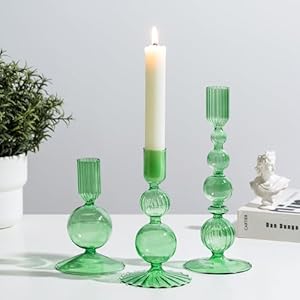 Glasseam Green Glass Candle Holder Set of 3 Candle Stick Holders for Taper Candlesticks Modern Candle Holders for Candlesticks Unique Tapered Candlestick Holders for Table Centerpiece Home Decor Gift