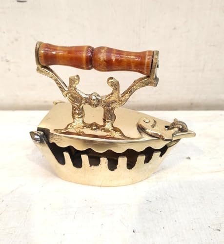 Vintage Brass Charcoal Iron with Wooden Handle Decorative Clothes Press Golden Finish