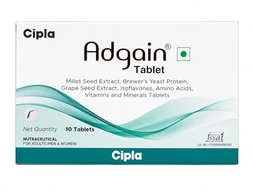 Image of Cipla Adgain Hair Growth Tablets | Biotin, Amino Acids, Multivitamins for Hair Fall Control | 1 strip (Strips)