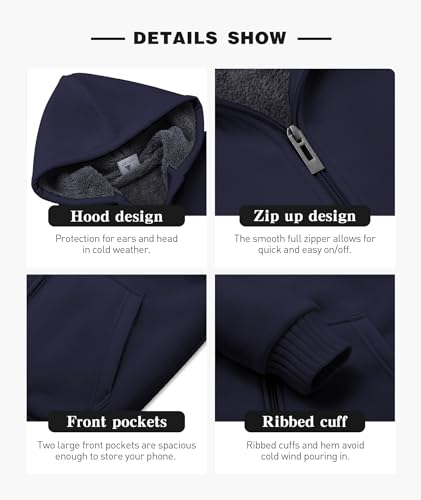 Image of SECOOD Kids Hoodie Fleece Jacket Warm Sherpa Lined Zip Up Hooded Sweatshirt Soft Winter Coat Boys Girls School Outerwear