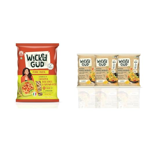 Image of WickedGud 2X Fiber Penne Pasta | No Maida | Durum Wheat Semolina | Brown Rice | Red Lentils | + WickedGud Hakka Noodles, Pack of (200gm x 3) | Whole Wheat | Lentils | Oats | No Maida | No Oil