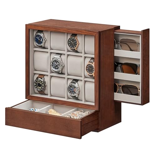 SONGMICS Boîte à Montre 12 Emplacements, Présentoir de Montres avec Fenêtre, Placage Effet Bois, Doublure en Velours, Rangement Vertical, Économie d’Espace, Cadeau, Marron Café JOW014K01