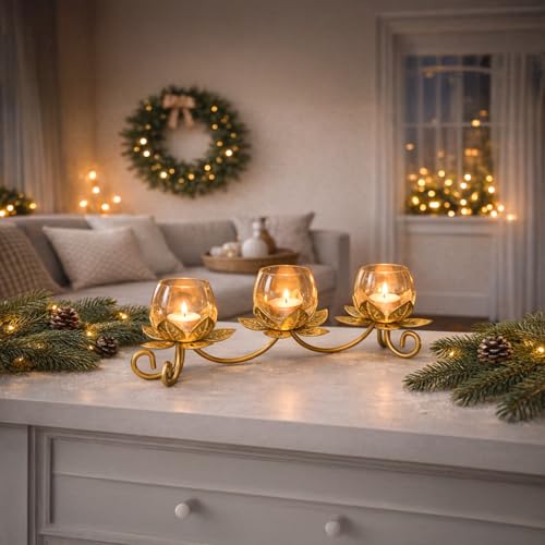 Image of MARKET 99 Metal + Glass 3 Votive T-Light Holder | Elegant Lotus-Shaped Candle Holder for Christmas, Diwali & Wedding Decor | Decorative Tealight Stand for Home, Festive & Gifting Use - Golden