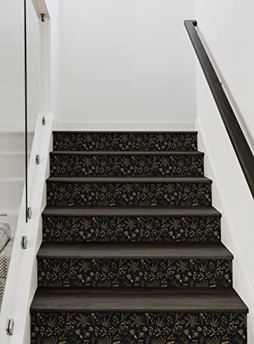 Plant Pattern Floral Peel And Stick Stair Riser Strips (15 Pack - 48"W X 6.5"H, Black Gold) #TOP1