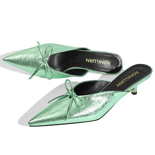Image of Kitten Heels for Women Heeled Mules Stiletto Pumps Bow Closed Toe Pointed Toe Low Heel Slip on Fashion Metallic Backless Prom Party Dressy