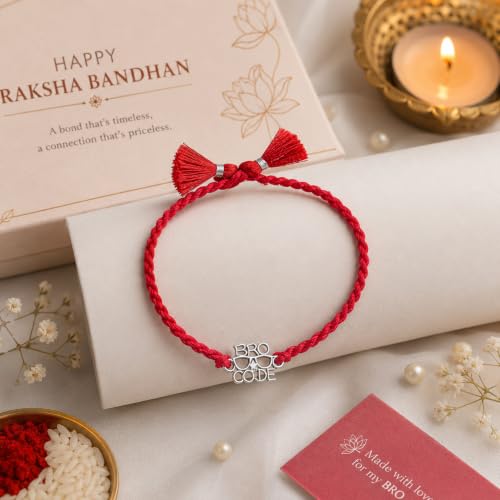Image of MAIRA 925 Sterling Silver Premium Designer Bracelet Rakhi for Brother | Handmade Raksha Bandhan Sacred Thread with Silver-Tone Geometric Charm & Adjustable Red Braided Cord | Traditional Festival Rakhi Gift (FLOWER)