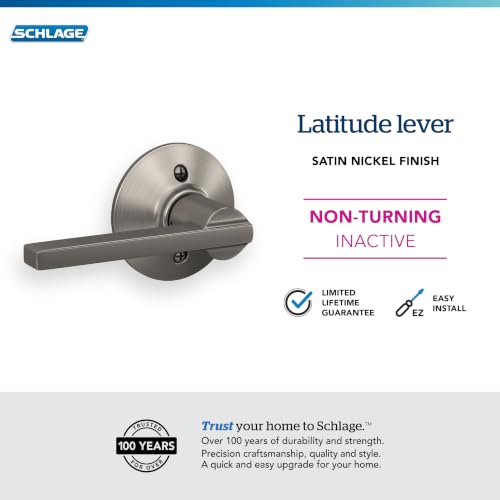 Image of SCHLAGE Latitude Non-Turning Dummy Door Handle, Reversible, Satin Nickel | Non-turning dummy lever door handle with no latch or lock, Decorative pull, One sided, Easy to install, Certified durability