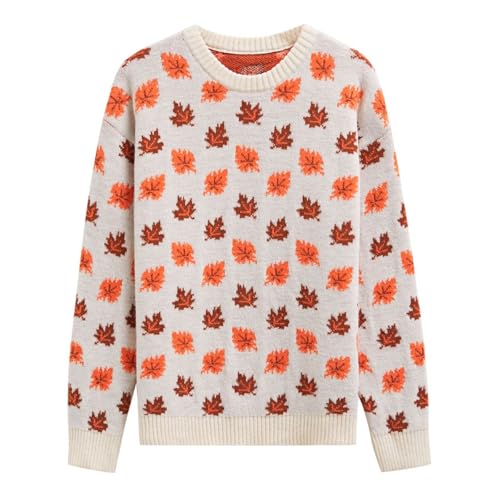 CHICWISH Women Maple Leaf Knit Sweater Oversized Chunky Long Sleeves Crewneck Jumper Fall Winter Casual Pullover Tops