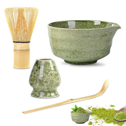 XPJBKC Matcha Kit, 4 Pièces Kit Matcha, Accessoire Matcha avec Cuillere Matcha, Matcha Fouet, bol et Support Fouet Matcha, Accessoire Matcha kit, Coffret Matcha pour La Cérémonie Du Thé