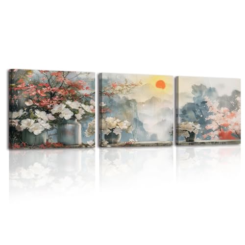 PIY PAINTING Stampe su tela di Paesaggio Natura, Quadro su Tela Montagne, Dipinto su tela di fiori, Quadri Moderni, per Soggiorno Sala yoga Ufficio, Telaio Interno in Legno 30x30cm Set di 3
