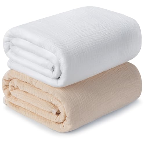Image of Muslin Swaddle Blankets for Newborn, 2 Pack Breathable Soft Receiving Blanket, Large 41 x 41 inches Swaddle Wrap Burping Clothes, Essentials Infant Shower Items. (Beige & White)