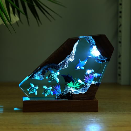 Image of Drawelry Ocean Creative Epoxy Resin Wood Light Lamp, Handmade Multi Color Aquatic Ocean Lamp Deep Sea Cave Diving Enthusiasts Led Night Light Desktop Decor Birthday Gift (Turtle, M)