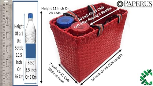 Image of Paperus, Red, Large, Lunch Bag with 2 Water Bottle Holders, Tiffin Basket, Picnic Basket, Travel Bag, Eco-Friendly, Handmade, of Paper Ropes, Length 14 inch, Height 11 inch & 7 Inch Broad Base