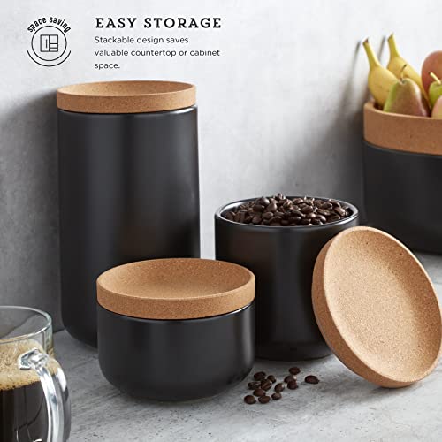 Image of Kamenstein Ceramic and Cork Set of 3 Stackable Canisters, 1 /2 qt, 1 qt, 2 qt, Black