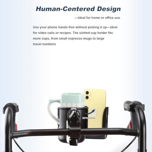 Image of WHLICKS 2-in-1 Walker Cup Holder with Reversible Phone Holder,Fit for Wheelchair, Rollator, Scooter, Bike, Mobility, Camper, Stroller with Sturdy,Rotatable,Adjustable and Anti - Slip Clip