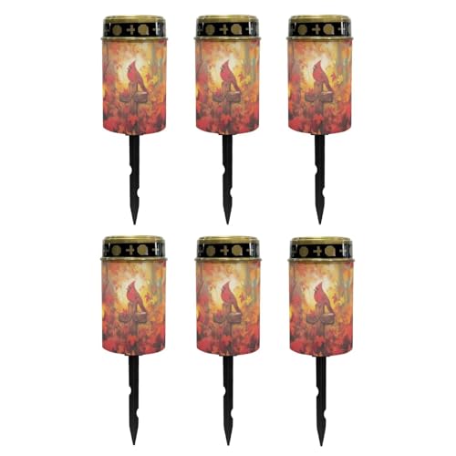 Image of Poceacles Cardinal Cross Maple Leaf Solar Outdoor Lights Solar Grave Candle Solar Cemetery Candles LED Automatic Flameless Candles Cemetery Outdoor Solar Lights for Loss of Dad, Set of 6
