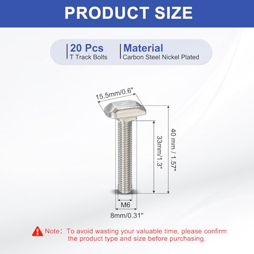Image of PATIKIL M6 x 35 mm Thread T-Slot Bolts, 20 Pcs Drop-in Bolt Hammer Head T-Bolt Standard 8 mm Sliding Screw Stud for 30 Series Aluminum Extrusion Profile, Silver