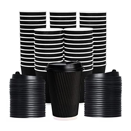 Coregadgets Vasos calientes ondulados negros de 12 onzas – Vasos de papel desechables aislados de doble pared con tapas, mangas corrugadas, té, café, chocolate caliente, bebidas calientes para llevar
