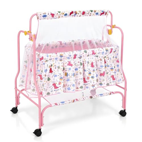 Image of Amazon Brand - Supples Baby Cradle with Swing & Mosquito Net | 0-8 Months | Swing Lock | 4 Wheels with Brake | Soft & Comfortable for Baby Sleep | Sturdy Mild Steel Frame | Pink