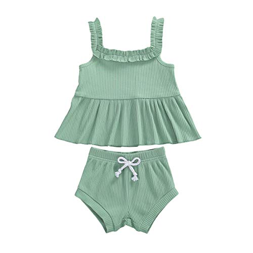 Toddler Baby Girls Knitted Shorts Set Solid Color Halter Ruffle Top Drawstring Shorts Pants 2Pcs Summer Clothes (K-Green, 12-18M)