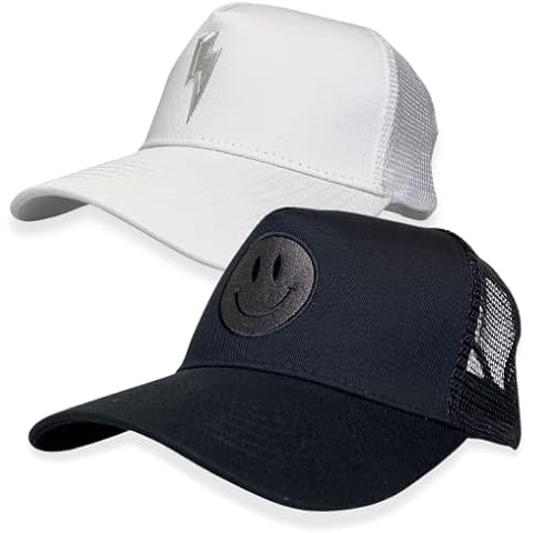 Trucker Hat - 2 Pack | Cotton Embroidered Cap | Smiley Face Hat | Preppy Trendy Vintage Retro Hats | Unisex Men Women Baseball Cap | Mesh Adjustable Snapback | Black + White | B&W Pack Cover