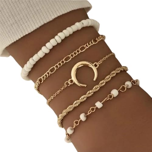 Lyriun Conjunto De Pulseras Doradas Mujer, Pulseras Doradas Mujer, Pulsera Acero Inoxidable Dorado, Brazaletes Dorados, Pulseras Pan De Oro Pulseras Acero Inoxidable Mujer (P.Luna)