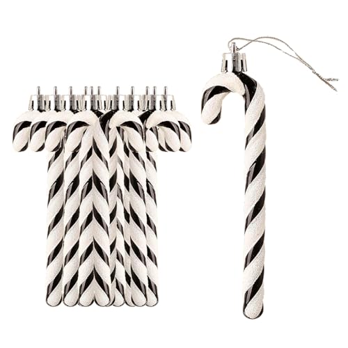 12Pcs Glitter Candy Cane Christmas Tree Decorations Christmas Plastic Candy Cane Christmas Tree Hanging Ornament for Holiday Party Decoration Favor (Black and White)