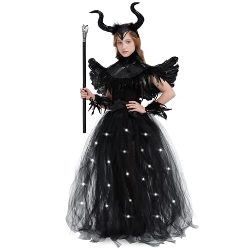 HERMORRYSS Disfraz de Maléfica Niña, Vestido de Reina Malvada para Niño con Alas, Cetros, Tocados, Mantones, Muñecas y Accesorios, Marinfest Traje de Malla Niñas para Carnaval Halloween Cosplay (L)