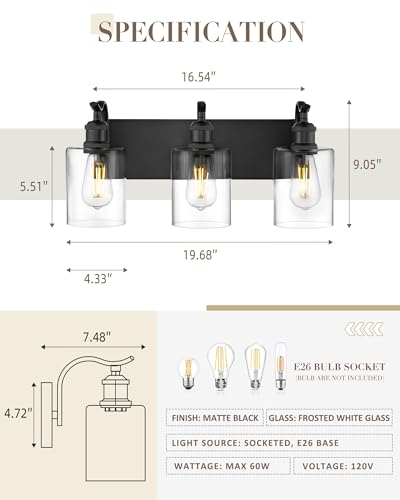Image of 3-Light Black Bathroom Light Fixture Over Mirror, Modern Vanity Light, Clear Glass Wall Sconce, VL01BK-3
