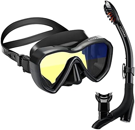 LUXPARD Snorkel Set, Anti-Fog Panoramic View Snorkel Mask and Anti-Leak Dry Snorkel Tube, Snorkeling Gear for Adults, Snorkel Kit Bag Included (Black)