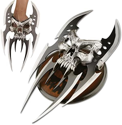 Masters Collection – Fantasy Claw Display Knife – Black and Satin Finish Stainless Steel Blades, Cast Metal Skull, Includes Wood Display Stand, Collectible, Self Defense – MC-2091