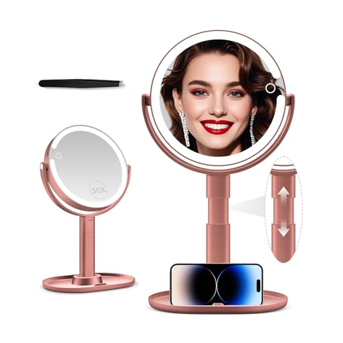 MIYADIVA Makeup Mirror with Lights, 30X Magnifying Mirror with Light and Touch Switch, Vanity Mirror with 3 Color Light and 80 LEDs, Height Adjustable Desk Mirror with Lights, Rose
