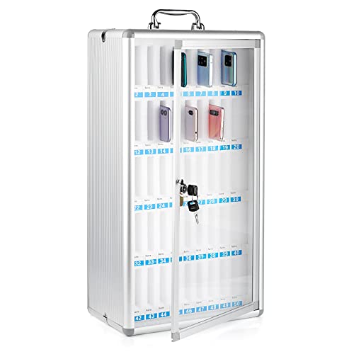 Trycooling 50 Slots Aluminum Alloy Clear Cell Phones Storage Cabinet Pocket Chart Storage Locker Box with Handle and Safety Lock for School Office (50 Slots)