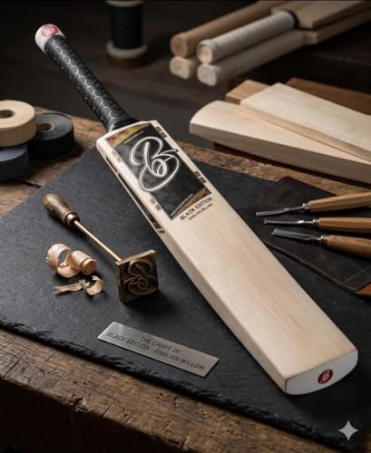 Image of Full Size Black Edition English Willow Cricket Bat, Cross Weave Tape on The Face | Lightweight | Wooden Long Handle | Free Cover Play for Leather Ball