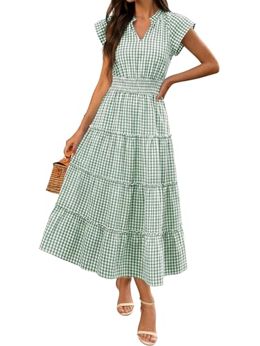 Caracilia Womens Summer Maxi Dresses Casual V Neck Cap Sleeve Gingham Striped Dress Flowy Tiered Beach Vacation Midi Sundress Green Plaid Large